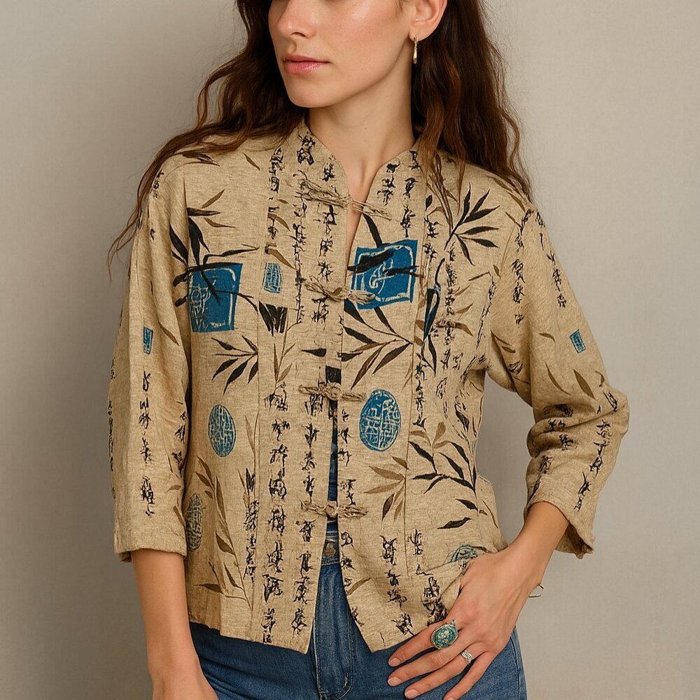 Dressbarn 100% Silk Toggle Button Up Asian Print Top Shirt Size S Mandarin Colla
